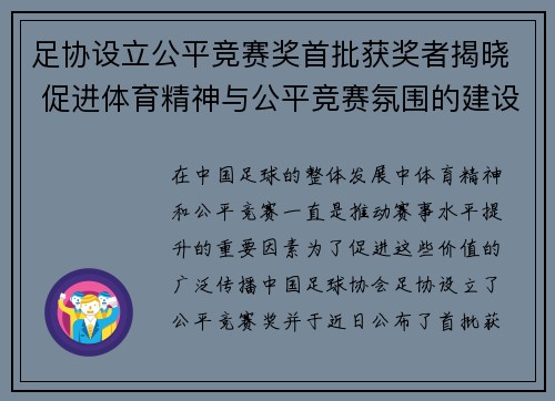 足协设立公平竞赛奖首批获奖者揭晓 促进体育精神与公平竞赛氛围的建设