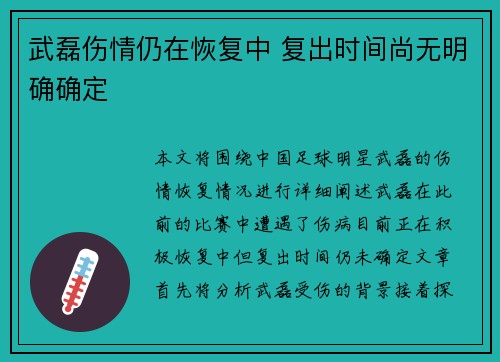 武磊伤情仍在恢复中 复出时间尚无明确确定 武磊伤情仍在恢复中 复出时间尚无明确确定