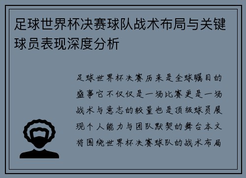 足球世界杯决赛球队战术布局与关键球员表现深度分析